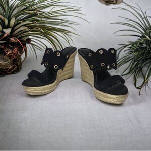 CHARLES DAVID Black Suede  Grommets Slip-on Platform Espadrilles Wedge Sandal 9